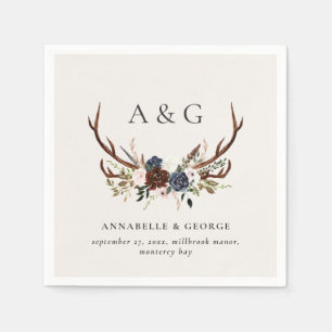 Rustic foliage, floral and stag wedding details napkin