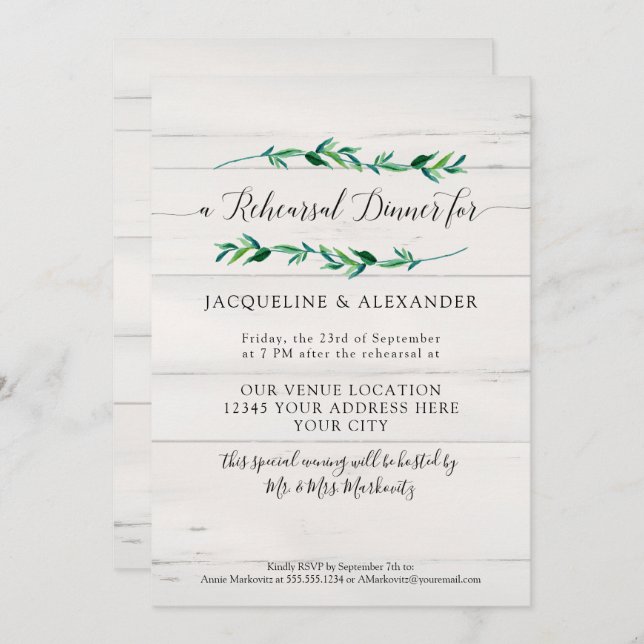 Rustic Foliage Greenery Watercolor White Wood Invitation (Front/Back)