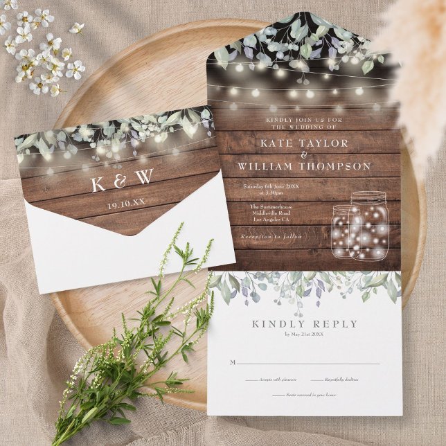 Rustic Foliage Mason Jars Lights Monogram Wedding All In One Invitation (Creator Uploaded)