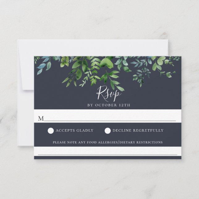 Rustic Foliage Navy Blue Wedding Food Allergy RSVP (Front)