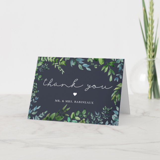 Rustic Foliage Navy Blue Wedding Photo Thank You Card (Front)