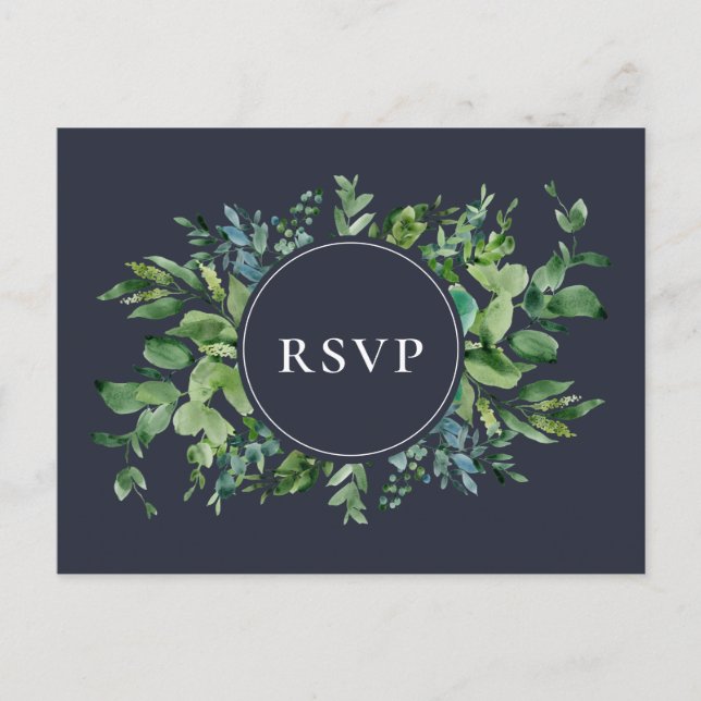 Rustic Foliage Navy Wedding RSVP Song Request Invitation Postcard (Front)