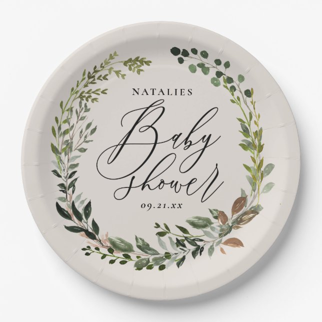 Rustic foliage wreath baby shower party paper plate (Front)