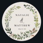 Rustic foliage wreath fall winter wedding party classic round sticker<br><div class="desc">Rustic foliage wreath couples name wedding party design. With beautiful watercolor foliage,  white florals and script hand writing. This modern design is sure to set the style for your upcoming party.</div>
