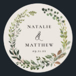 Rustic foliage wreath fall winter wedding party classic round sticker<br><div class="desc">Rustic foliage wreath couples name wedding party design. With beautiful watercolor foliage,  white florals and script hand writing. This modern design is sure to set the style for your upcoming party.</div>