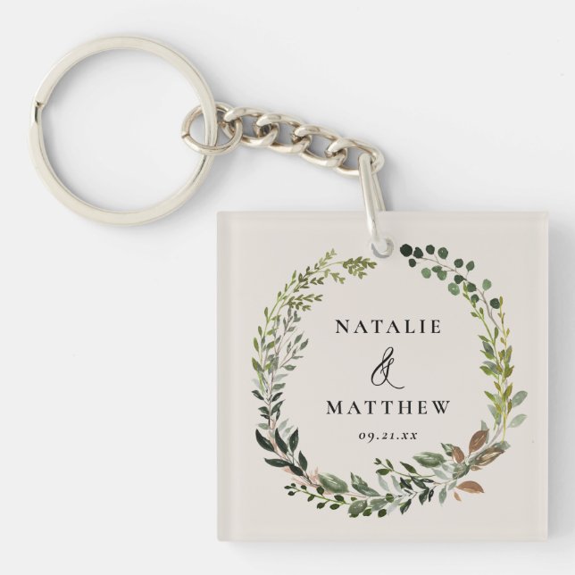 Rustic foliage wreath fall winter wedding party key ring (Front)