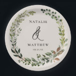 Rustic foliage wreath fall winter wedding party paper plate<br><div class="desc">Rustic foliage wreath couples name wedding party design. With beautiful watercolor foliage,  white florals and script hand writing. This modern design is sure to set the style for your upcoming party.</div>