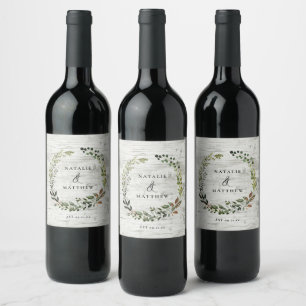 Rustic foliage wreath fall winter wedding party wi wine label