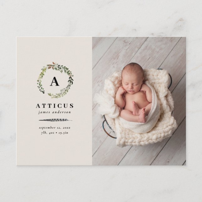 Rustic foliage wreath photo birth announcement postcard (Front)