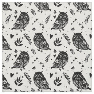 Rustic Folk Art Black and White Owl Print Fabric