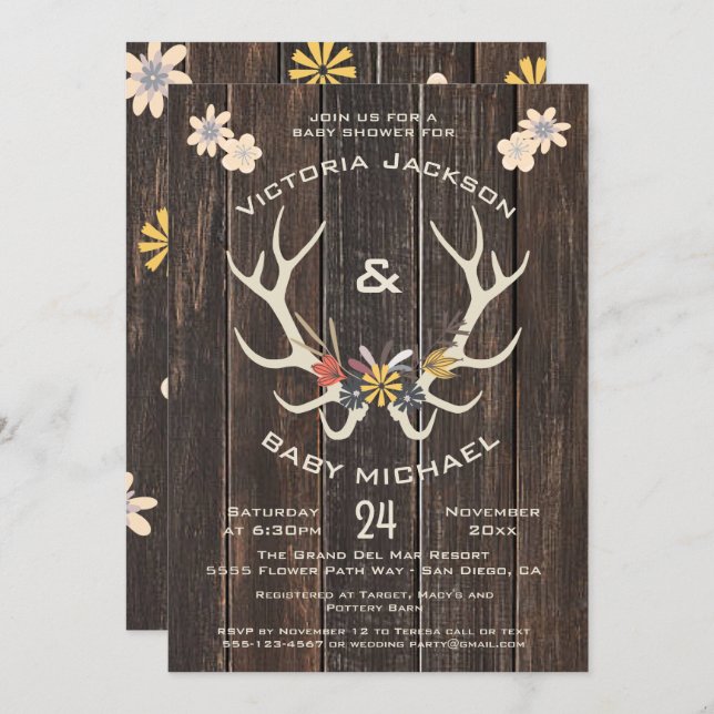 Rustic folk art deer antlers Baby Shower Invitation (Front/Back)