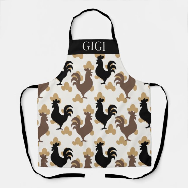 Rustic Folk Art Rooster Pattern, Farmhouse Kitchen Apron (Front)