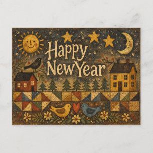 Rustic Folk Art Village New Year Holiday Postcard