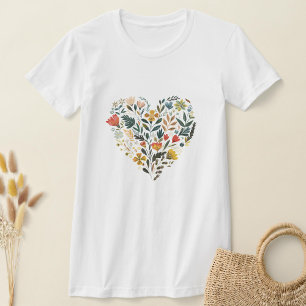 Rustic Folk Wildflower Flower Heart T-Shirt