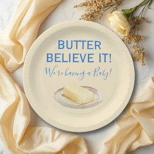 Rustic Food Butter Yellow Blue Boy Baby Shower Paper Plate
