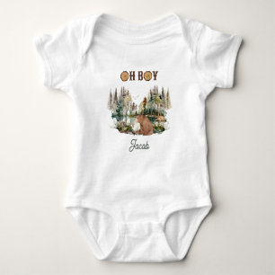 Rustic Forest Bear and Animals Oh Boy Baby Bodysuit