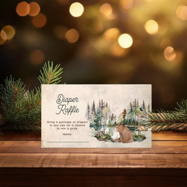 Rustic Forest Bear Baby Shower Diaper Raffle Enclosure Card (Rustic Woodland Bear and Forest Animals Baby Shower "Diaper Raffle" Insert -- "Oh Boy" Collection)