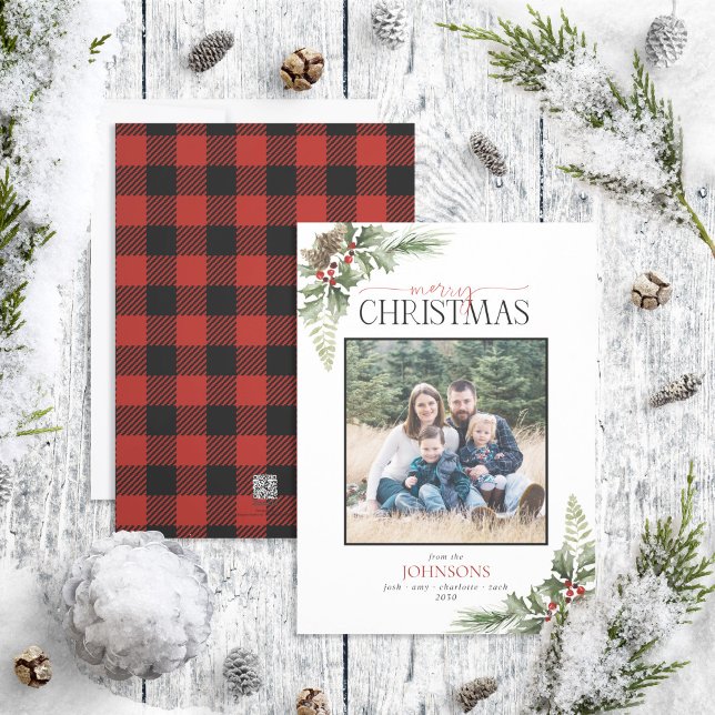 Rustic Forest Berry Pinecone Plaid Family Photo Holiday Card (Creator Uploaded)