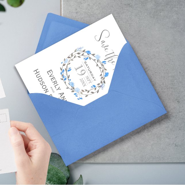 Rustic Forest Blue Peony Wreath Save the Date Invitation (Creator Uploaded)