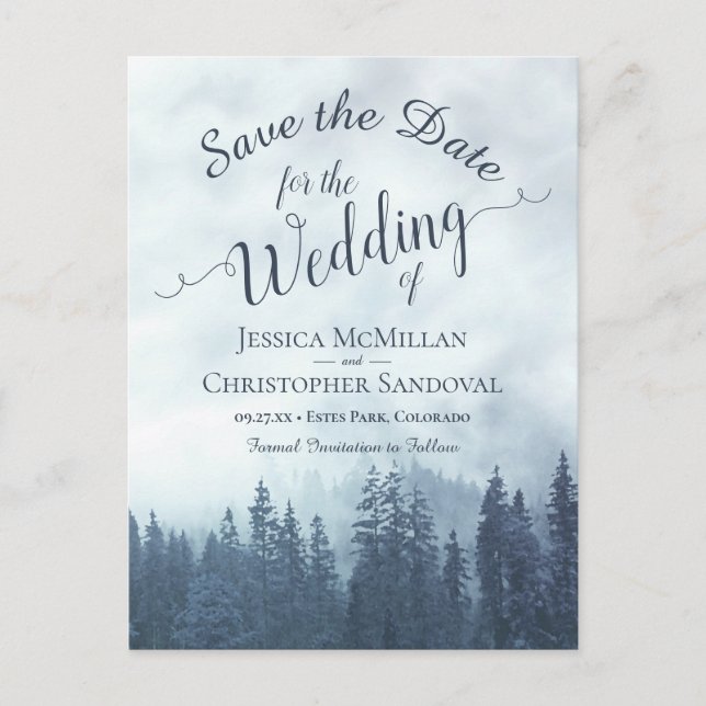 Rustic Forest Blue Pines Wedding Save the Date Announcement Postcard (Front)