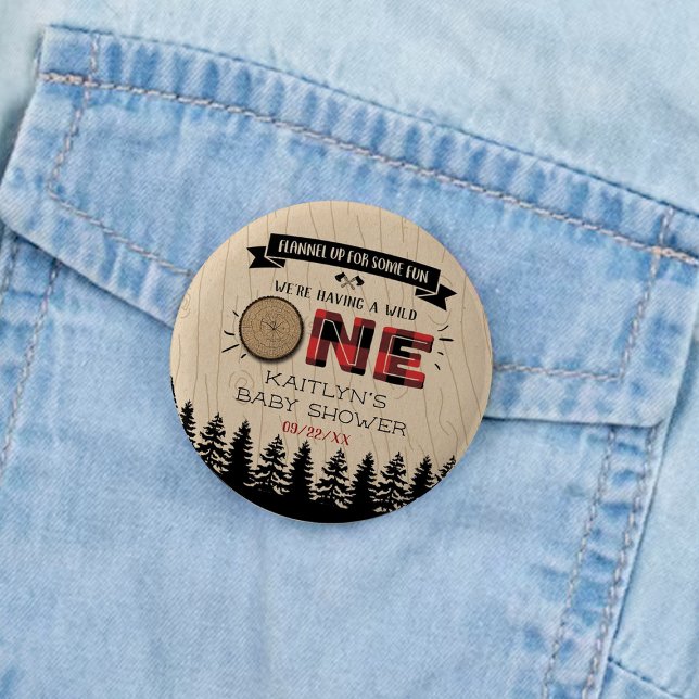 Rustic Forest Buffalo Plaid Wild One Baby Shower 6 Cm Round Badge (Creator Uploaded)