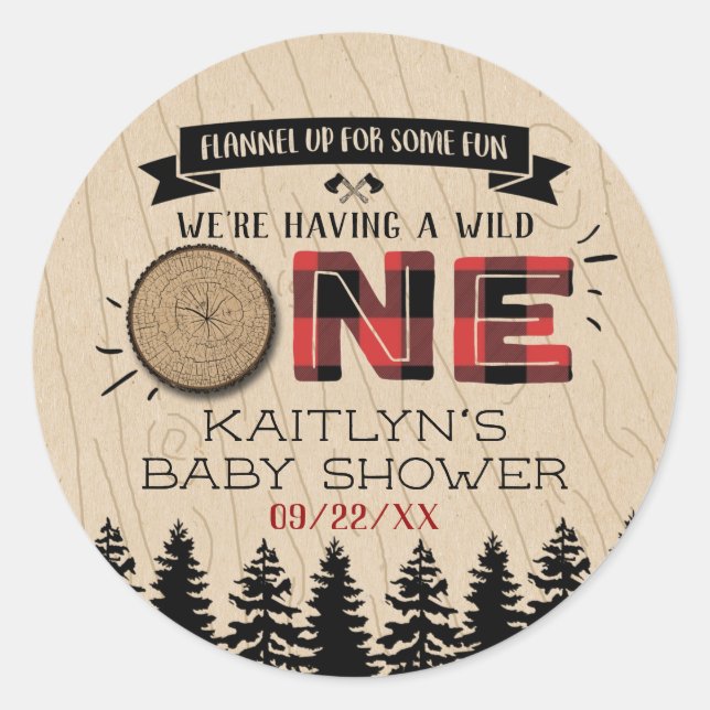 Rustic Forest Buffalo Plaid Wild One Baby Shower Classic Round Sticker (Front)