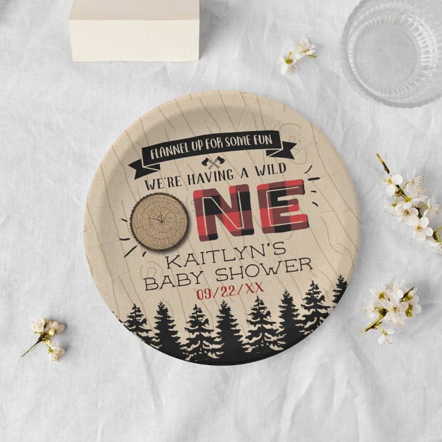 Rustic Forest Buffalo Plaid Wild One Baby Shower Paper Plate (Creator Uploaded)
