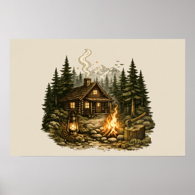 Rustic Forest Cabin Campfire Poster (Front)