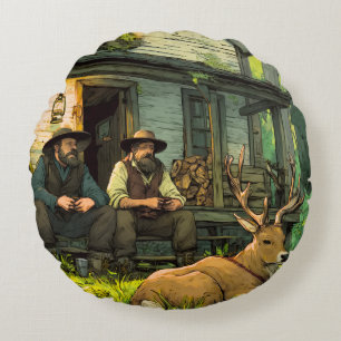 Rustic Forest Cabin Hunters and Whitetail Deer Rou Round Cushion