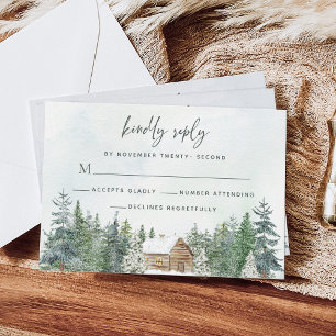 Rustic Forest Cabin Pine Trees Winter Wedding RSVP Card