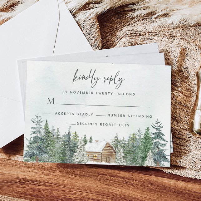 Rustic Forest Cabin Pine Trees Winter Wedding RSVP Card (Creator Uploaded)