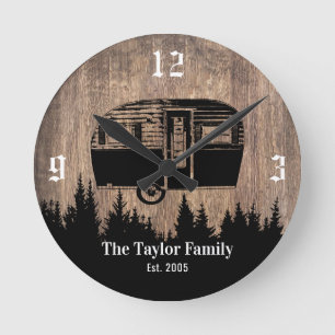 Rustic Forest Camping Trailer Happy Campers Family Round Clock