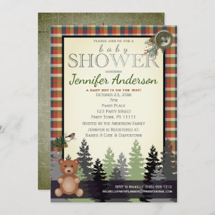 Rustic Forest Country Plaid Baby Shower Bear Invitation