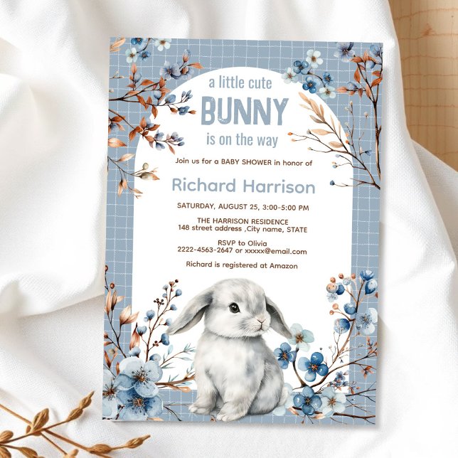 Rustic forest cute bunny baby shower invitation (Cute Bunny Baby Shower Invitation Boy | Blue Floral Spring Rabbit Theme)