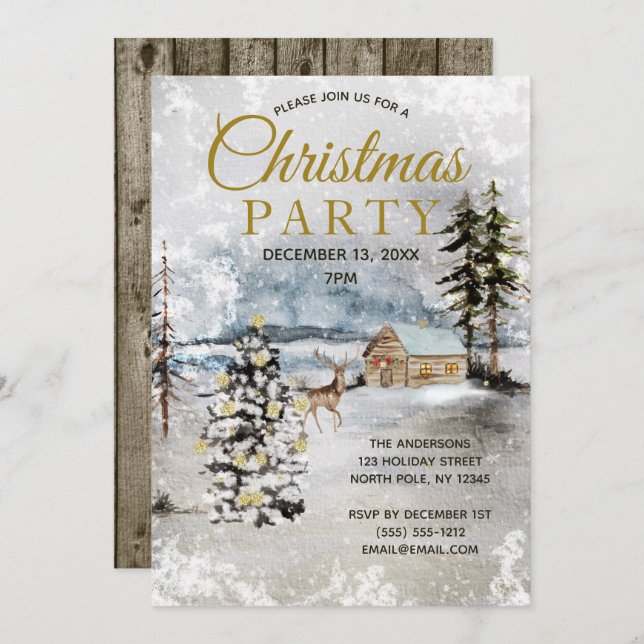 Rustic Forest Deer Tree Lights Christmas Party Invitation (Front/Back)