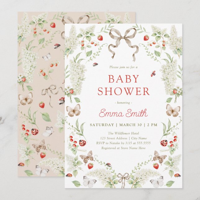Rustic Forest Floral Bow Neutral Baby Shower Invitation (Front/Back)
