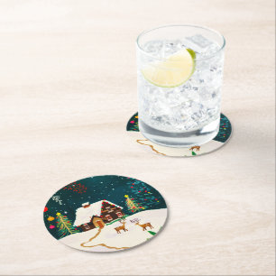 Rustic Forest Foliage Autumn Winter Berries Round Paper Coaster