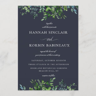 Rustic Forest Foliage Border Navy Blue Wedding Invitation