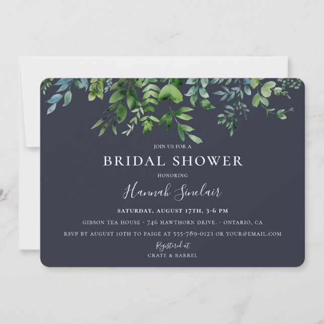 Rustic Forest Foliage Navy Blue Bridal Shower Invitation (Front)