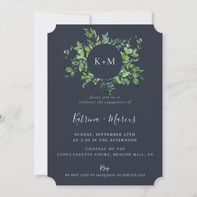 Rustic Forest Foliage Navy Blue Engagement Party Invitation (Front)