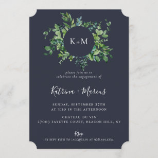 Rustic Forest Foliage Navy Blue Engagement Party Invitation