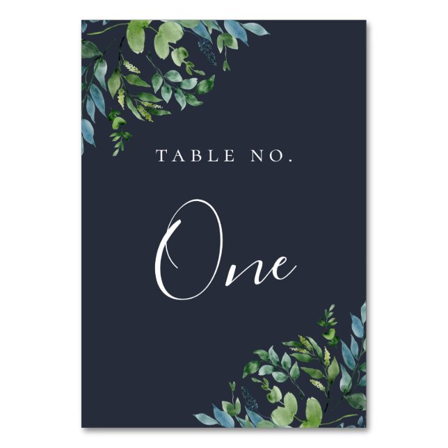 Rustic Forest Foliage Navy Blue Table Number (Front)