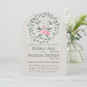Rustic Forest Garland Antler Barn Wood Wedding Invitation