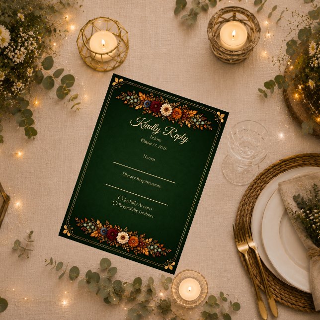Rustic Forest Green Autumn Wedding RSVP Card (Creator Uploaded)