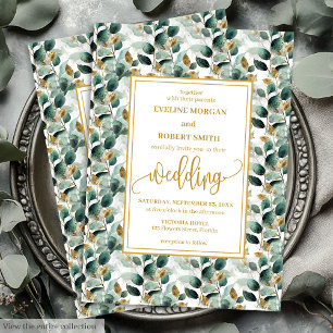 Rustic Forest Green Gold Greenery Wedding Invites
