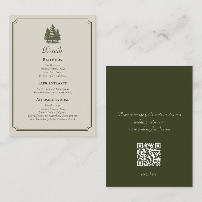 Rustic Forest Green Minimal QR Code Wedding Enclosure Card (Front/Back)