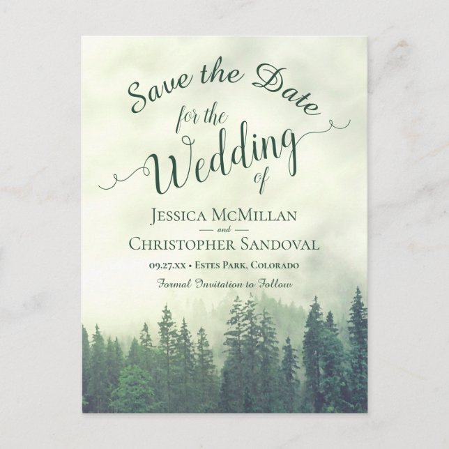 Rustic Forest Green Pines Wedding Save the Date Announcement Postcard (Front)