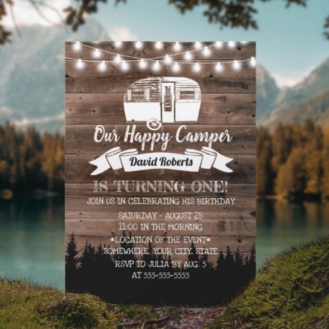Rustic Forest Happy Camper 1st Birthday Party Invitation (Creator Uploaded)