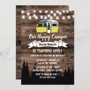 Rustic Forest Happy Camper Birthday Barn Wood Invitation