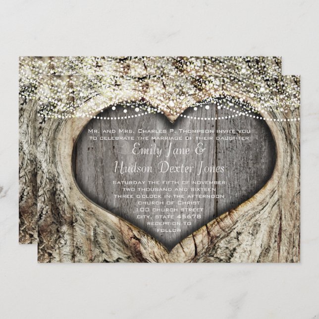 Rustic Forest Heart Knot In Tree Wedding Invitation (Front/Back)